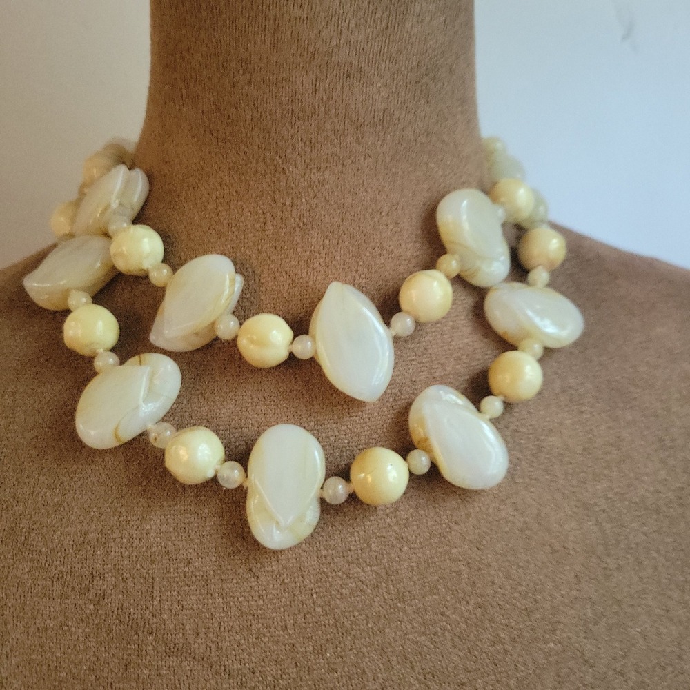 Vintage Slag Glass Double Strand Necklace Cream Marbled Beads Cottagecore